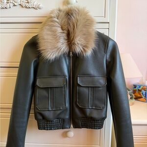 Silence + Noise Black Leather Jacket with Tan Faux Fur Collar